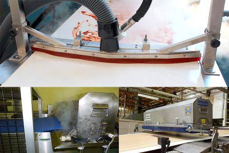 Cleaning interlock and flat conveyor belts using a brush, ensuring effective debris removal and hygiene in industrial settings